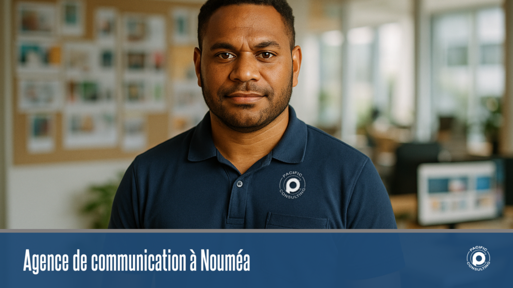 Consultant Pacific Consulting, logo brodé centré sur la poche — agence de communication à Nouméa