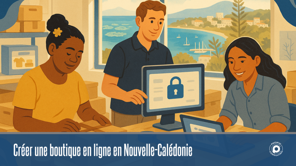 Illustration d'une équipe préparant une boutique en ligne en Nouvelle-Calédonie avec paiement et livraison