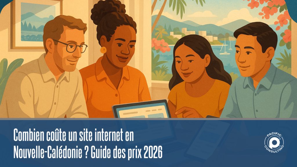 Illustration éditoriale sur le prix d'un site internet en Nouvelle-Calédonie avec une équipe diverse à Nouméa