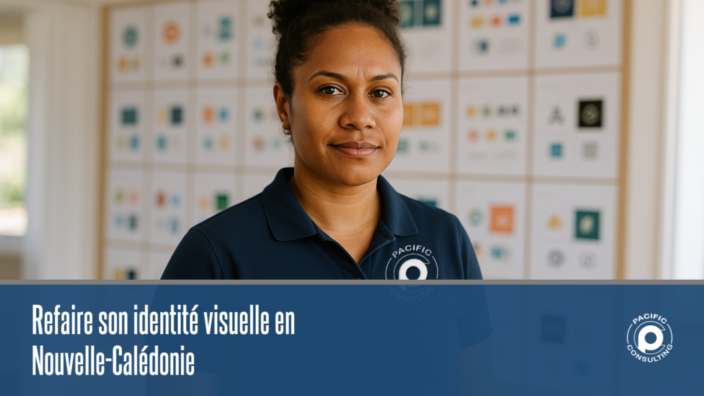 Consultante Pacific Consulting en polo brodé du logo — refaire son identité visuelle en Nouvelle-Calédonie