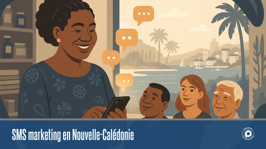SMS marketing en Nouvelle-Calédonie : commerçante calédonienne envoyant une campagne depuis son smartphone