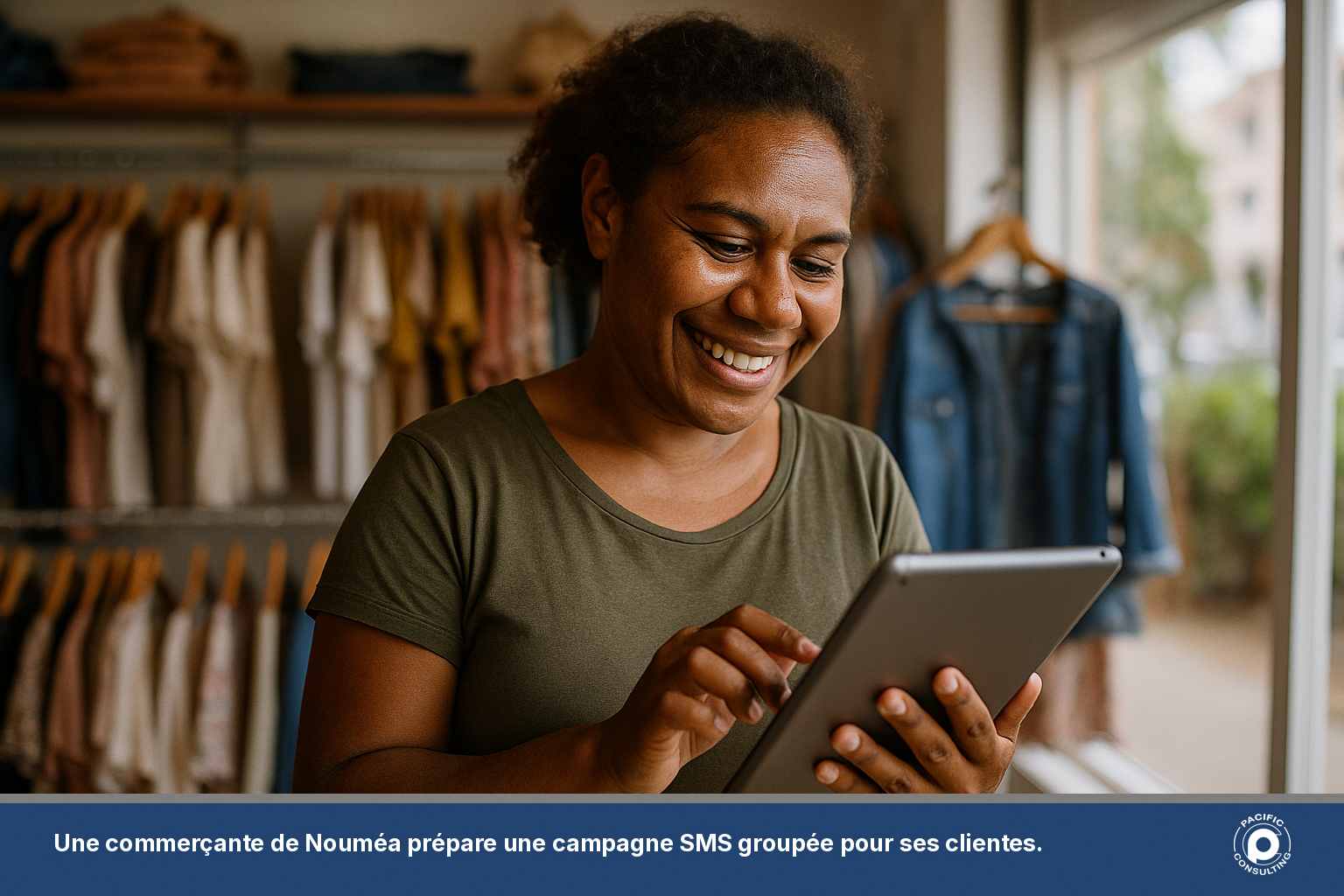 Commerçante calédonienne envoyant un SMS groupé promotionnel à ses clients depuis une tablette