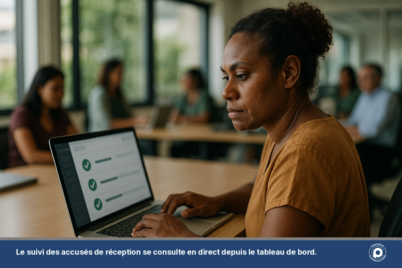 Employée de service support consultant les accusés de réception d'une campagne SMS sur un ordinateur portable