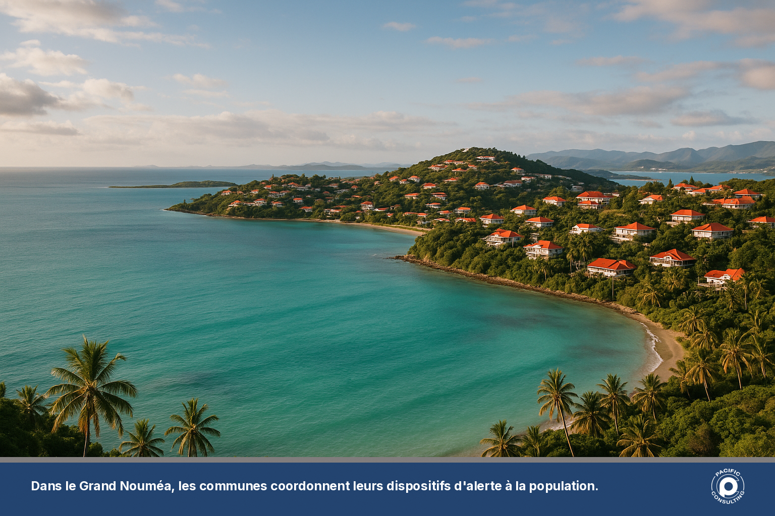Vue du littoral et des toits de Nouméa en Nouvelle-Calédonie illustrant le contexte des alertes locales