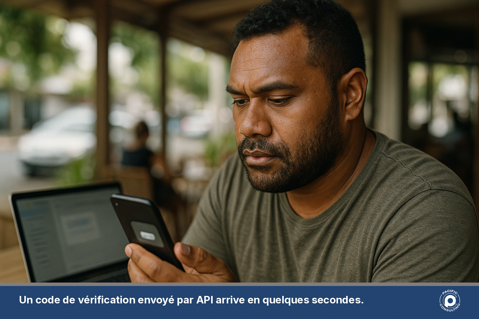 Client recevant un code de vérification OTP par SMS sur son téléphone à Nouméa