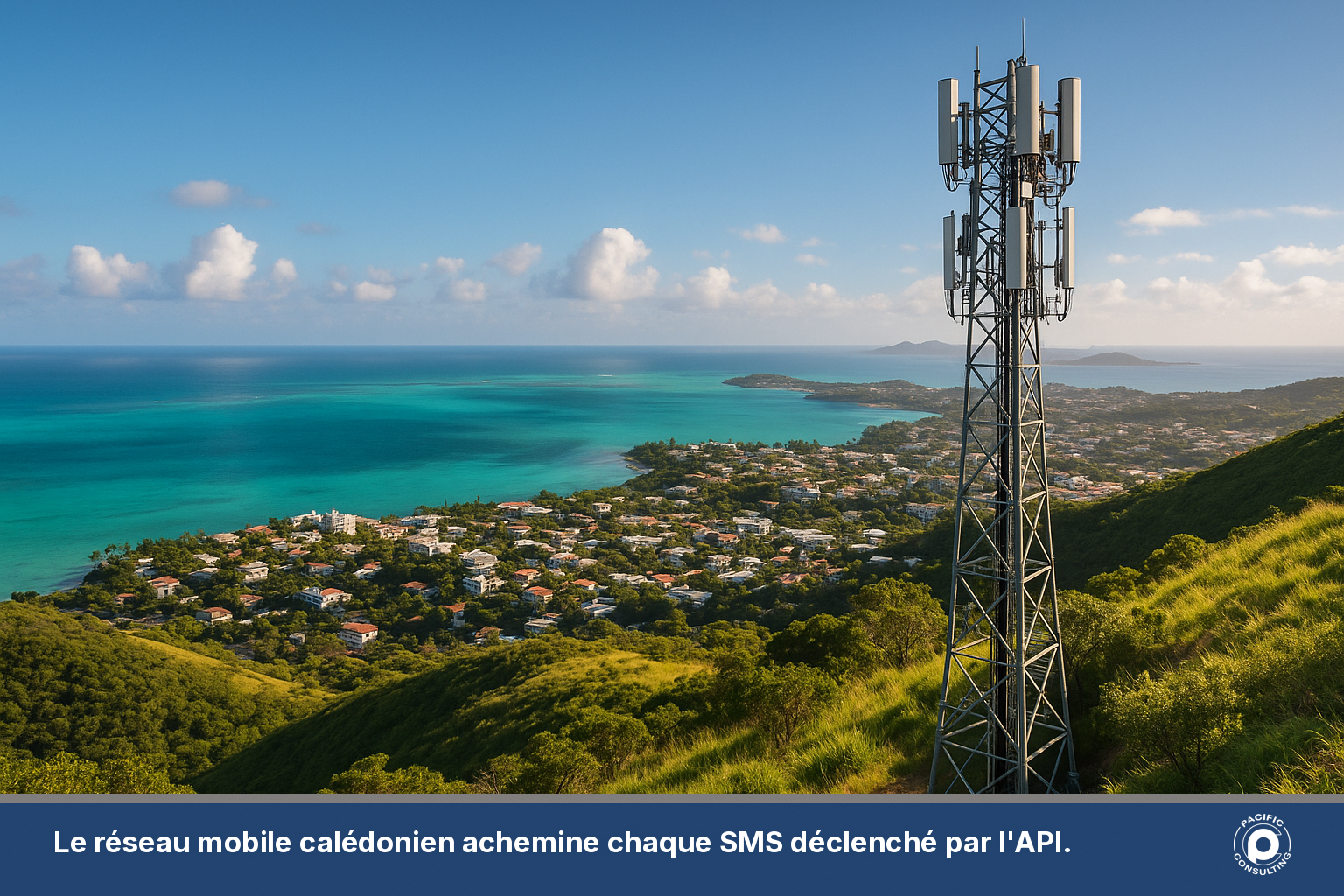 Antenne relais mobile surplombant Nouméa et le lagon en Nouvelle-Calédonie