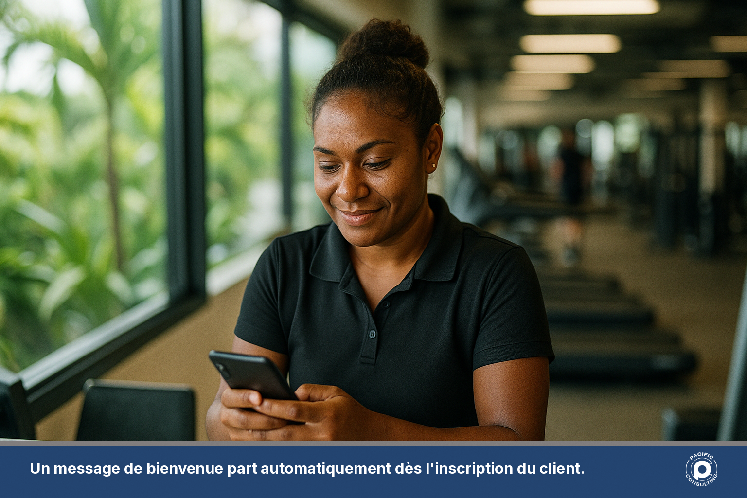 Employée de salle de sport calédonienne consultant son téléphone recevant un SMS automatique de bienvenue