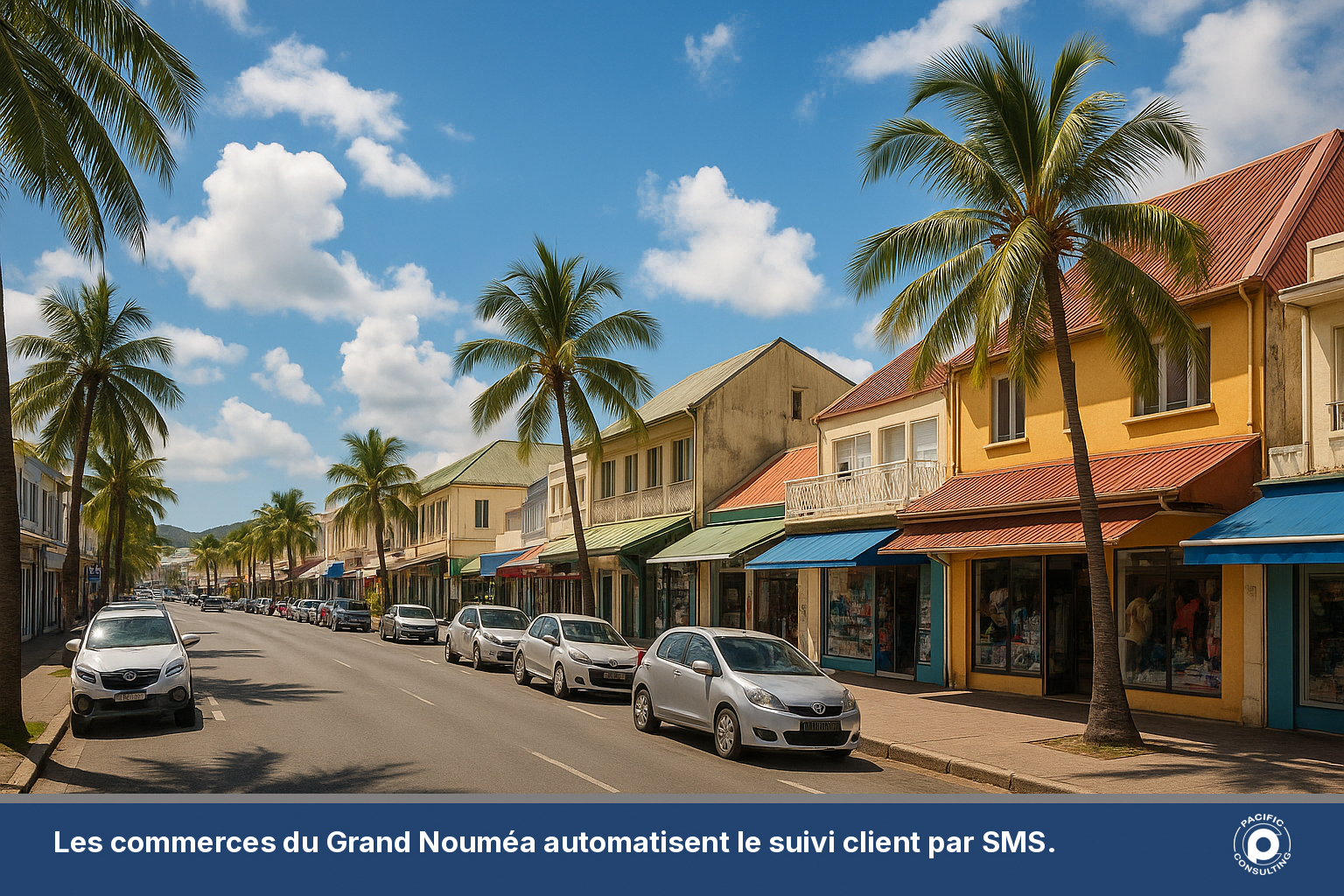 Vue urbaine de Nouméa avec commerces et devantures dans le quartier du centre-ville