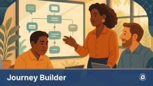 Illustration d'une équipe calédonienne construisant un parcours automatisé de SMS marketing sur écran