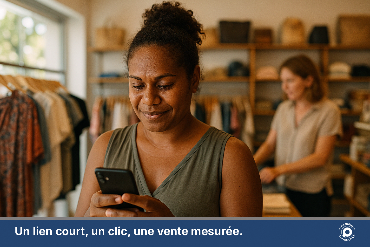 Cliente calédonienne qui consulte un SMS promotionnel avec un lien court sur son téléphone dans une boutique