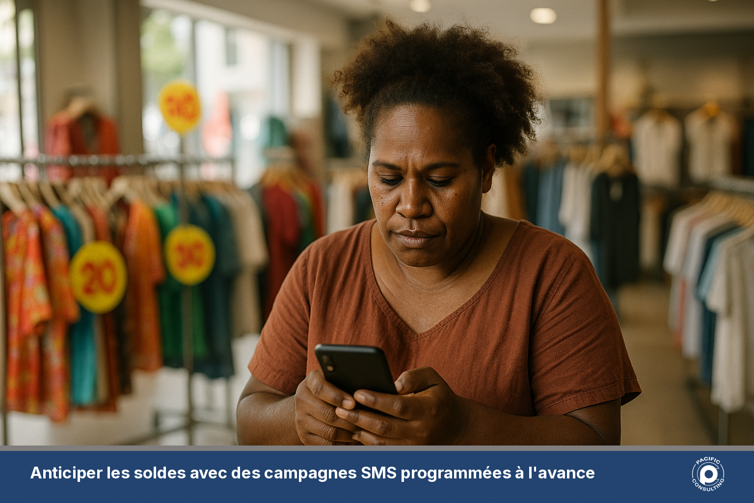 Commerçante calédonienne consultant son téléphone pendant la période des soldes