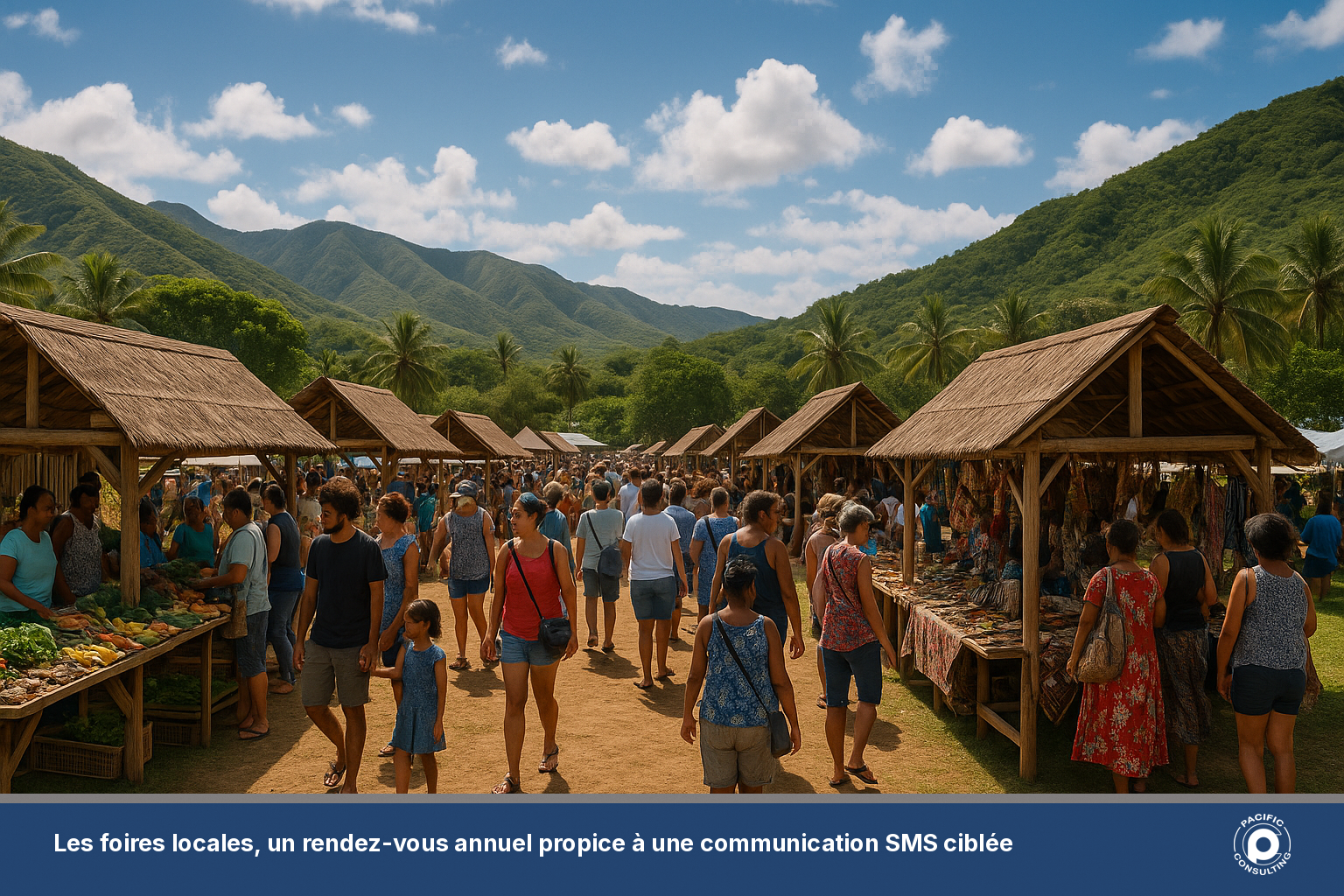 Marché ou foire locale en plein air en Nouvelle-Calédonie avec stands et visiteurs