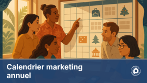 Calendrier marketing annuel avec temps forts calédoniens et smartphone affichant un SMS
