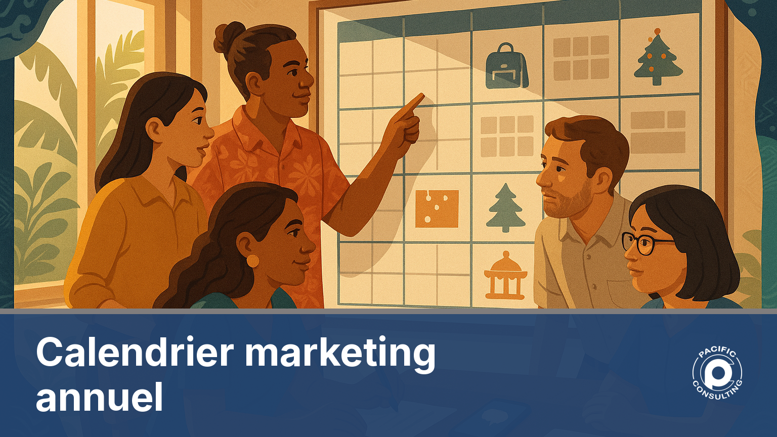 Calendrier marketing annuel avec temps forts calédoniens et smartphone affichant un SMS
