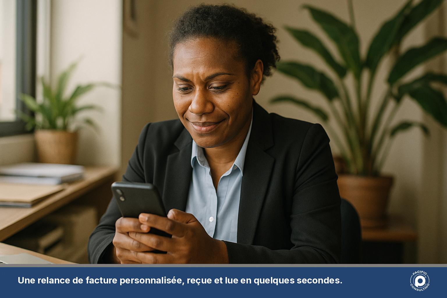 Employée d'entreprise calédonienne consultant son téléphone pour vérifier un SMS de relance de facture personnalisé