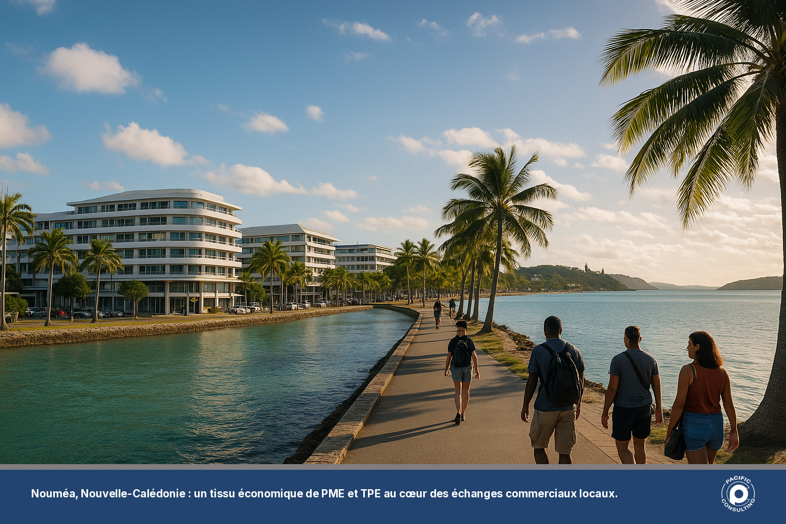 Vue du front de mer de Nouméa avec immeubles de bureaux, illustrant le tissu économique local des PME