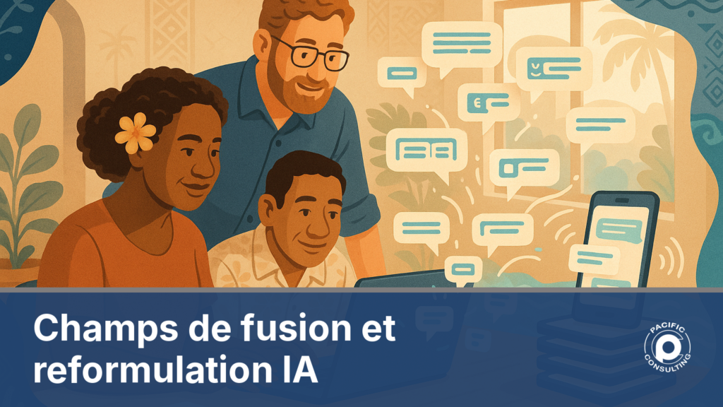 Illustration d'une équipe calédonienne préparant une campagne SMS personnalisée avec champs de fusion