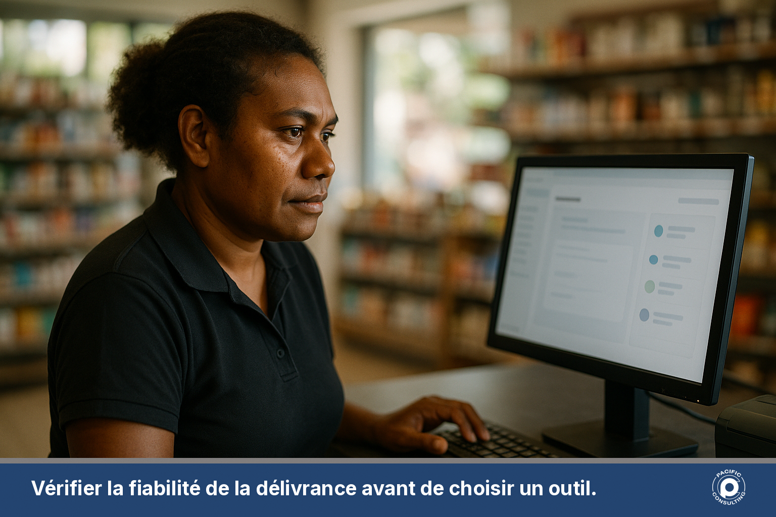 Employée de commerce vérifiant sur son ordinateur le tableau de bord de suivi des SMS envoyés