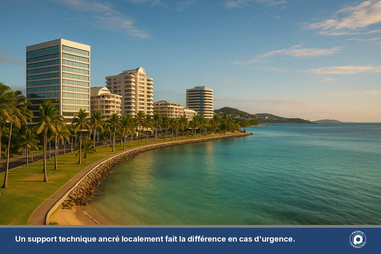 Vue du front de mer de Nouméa avec quartiers d'affaires, illustrant l'ancrage local des entreprises calédoniennes