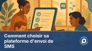 Illustration d'une équipe diverse comparant des critères de choix pour une plateforme d'envoi de SMS professionnelle