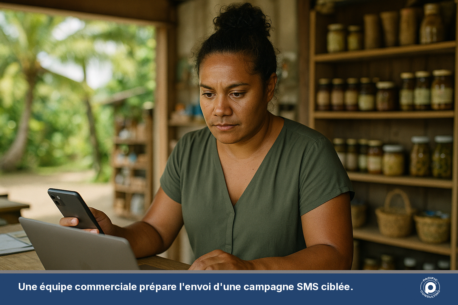 Employée d'un commerce du Grand Nouméa consultant son téléphone pour préparer une campagne SMS