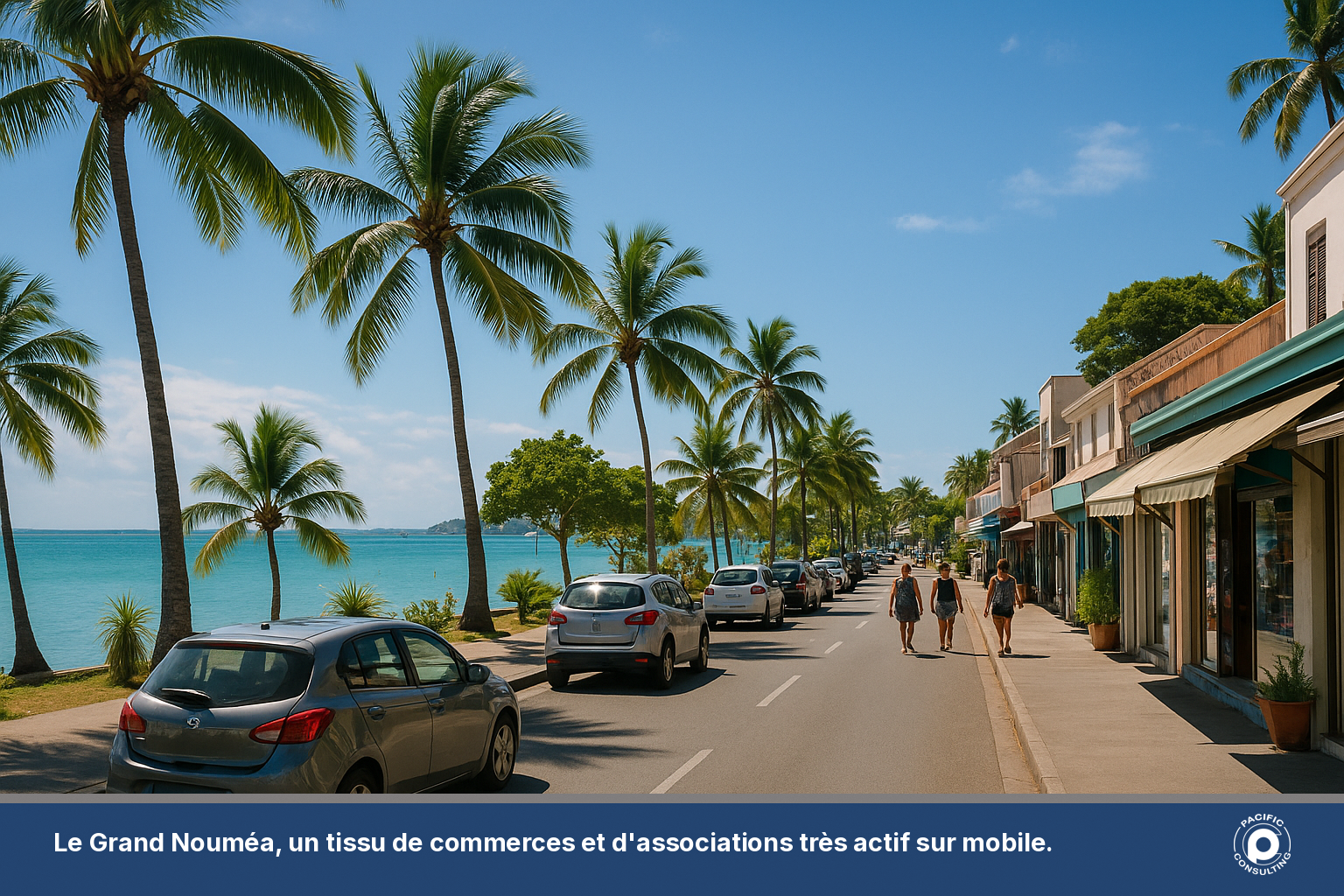 Vue du front de mer de Nouméa avec commerces et rue commerçante animée