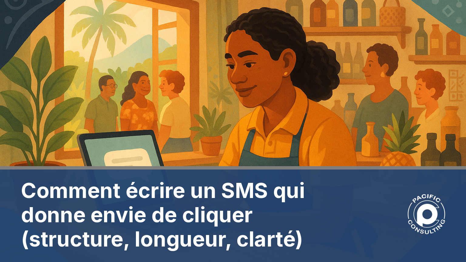 Illustration d'un commerçant calédonien rédigeant un SMS marketing clair sur son ordinateur