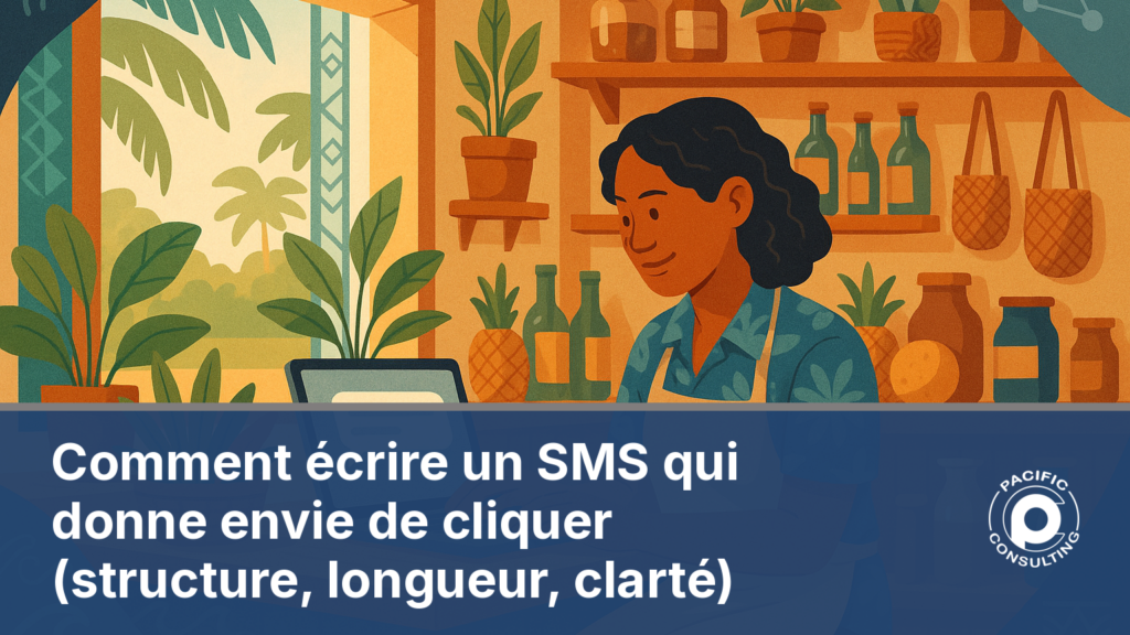 Illustration d'un commerçant calédonien rédigeant un SMS marketing clair sur son ordinateur