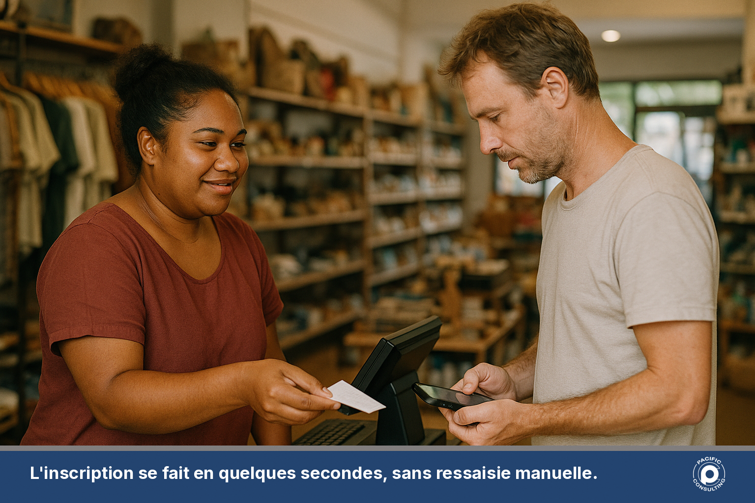 Vendeuse et client échangeant en boutique pendant l'inscription à une liste SMS par QR code
