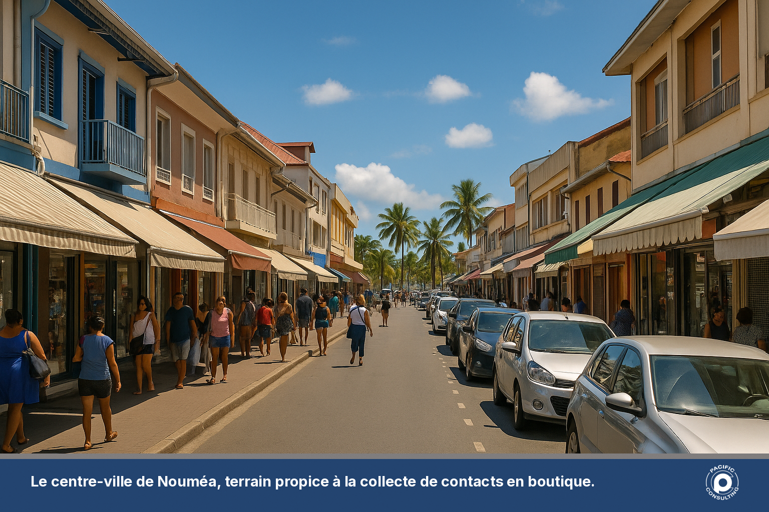 Rue commerçante animée du centre-ville de Nouméa avec ses devantures de boutiques