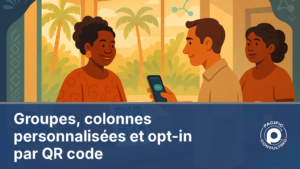 Client scannant un QR code en caisse pour rejoindre une liste de diffusion SMS dans un commerce calédonien