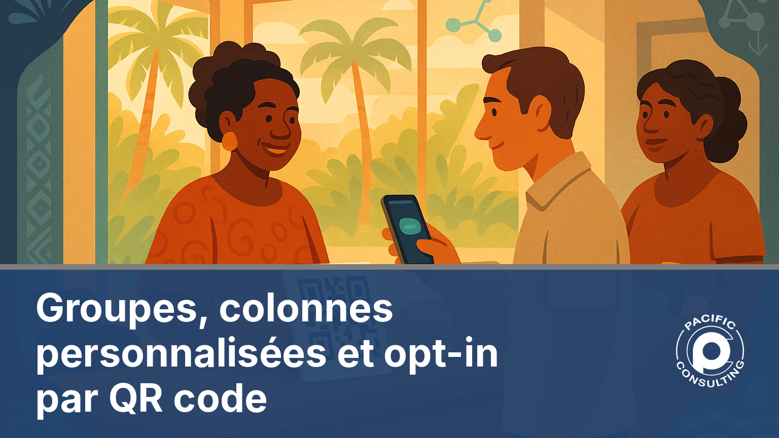 Client scannant un QR code en caisse pour rejoindre une liste de diffusion SMS dans un commerce calédonien