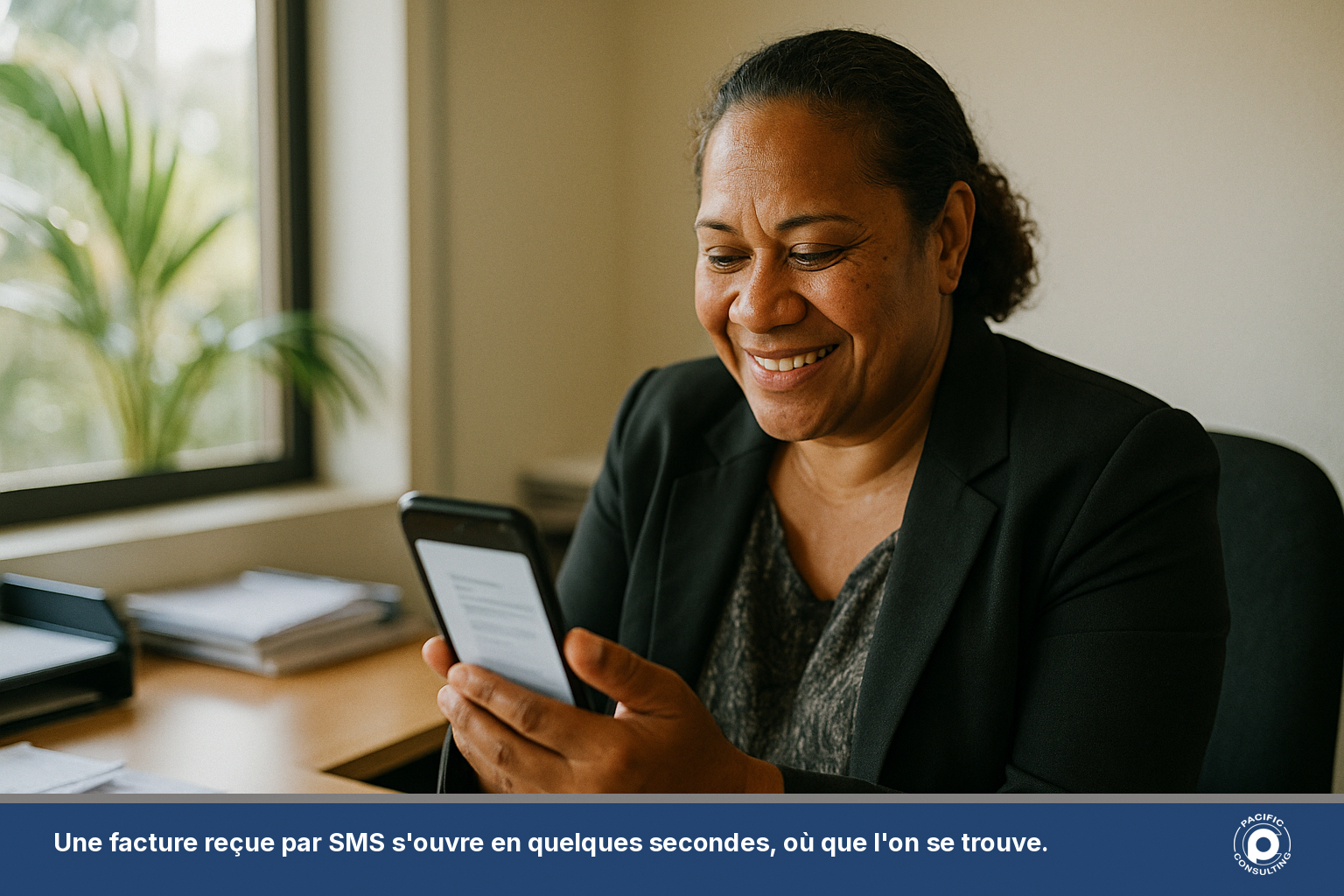 Cliente ouvrant sur son téléphone une facture PDF reçue par SMS dans un bureau en Nouvelle-Calédonie