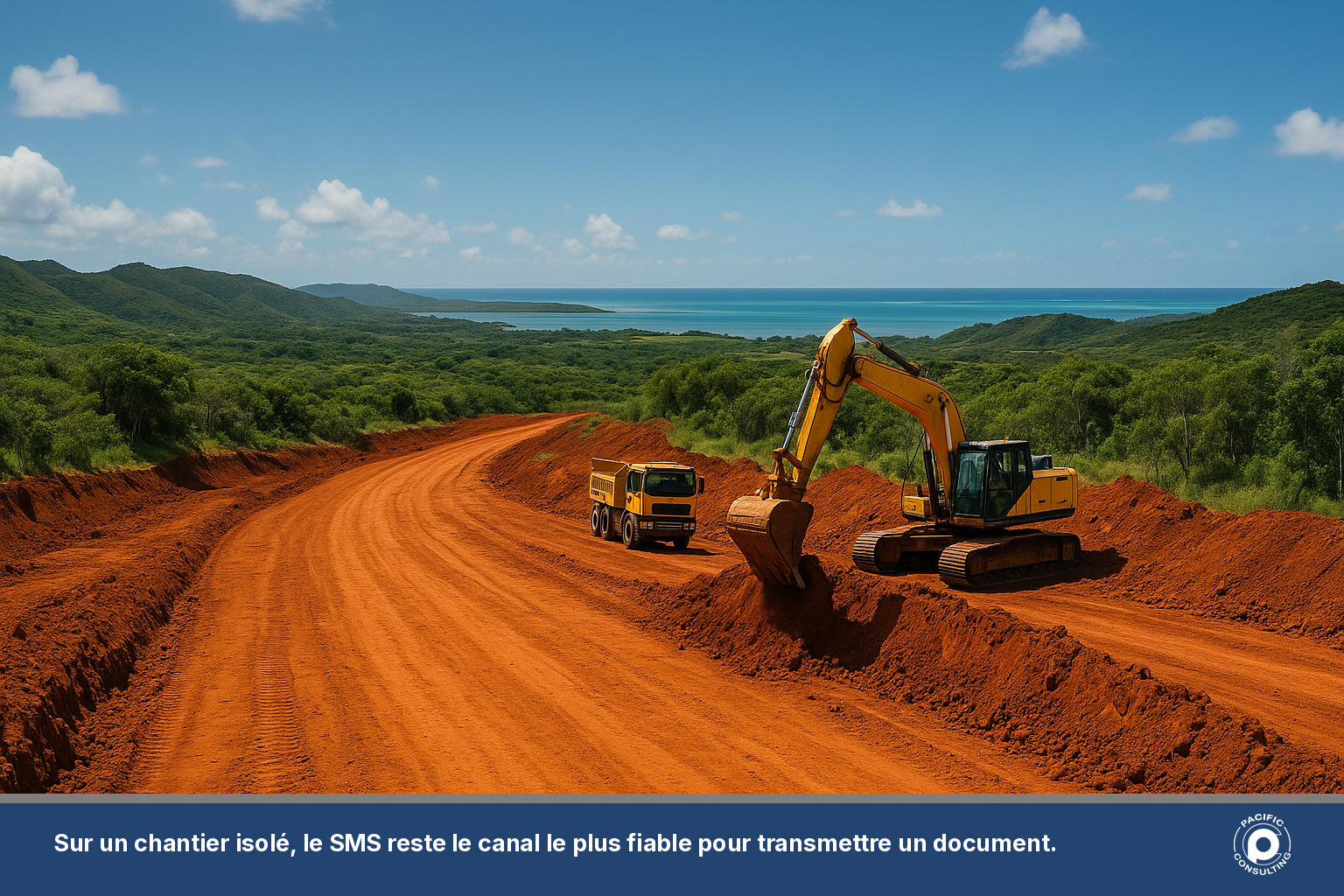 Chantier de travaux publics en Nouvelle-Calédonie avec engins de terrassement sous ciel bleu