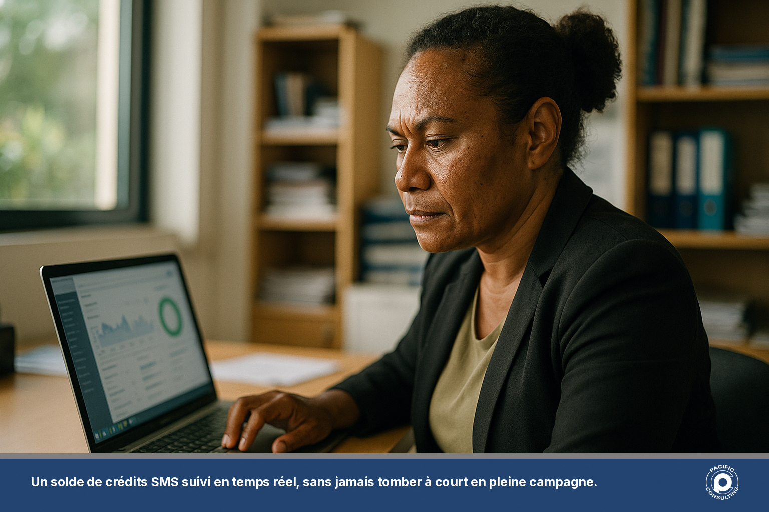 Responsable d'entreprise en Nouvelle-Calédonie consultant le solde de crédits SMS de son organisation sur un ordinateur portable