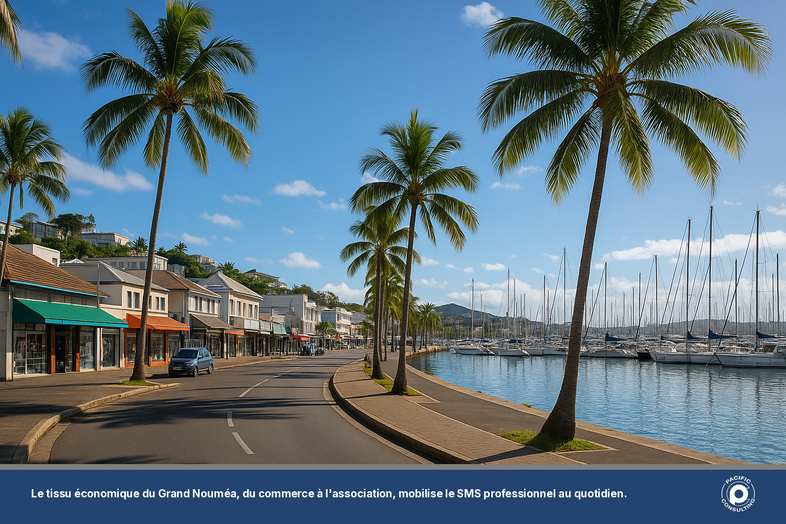 Vue du front de mer de Nouméa illustrant le tissu économique local qui utilise le SMS professionnel