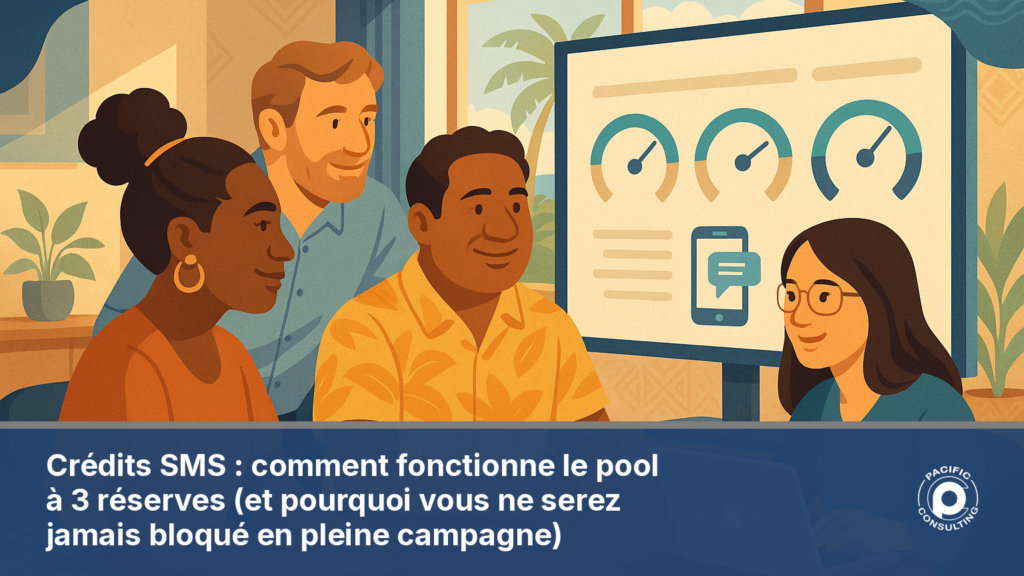 Illustration d'une équipe calédonienne suivant le pool de crédits SMS de son organisation sur un tableau de bord