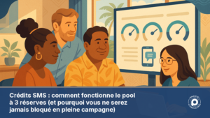 Illustration d'une équipe calédonienne suivant le pool de crédits SMS de son organisation sur un tableau de bord