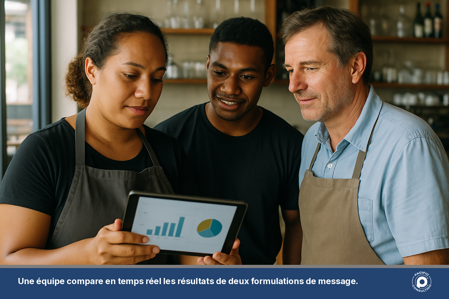 Employés de restaurant à Nouméa consultant les statistiques de clics d'une campagne SMS sur une tablette