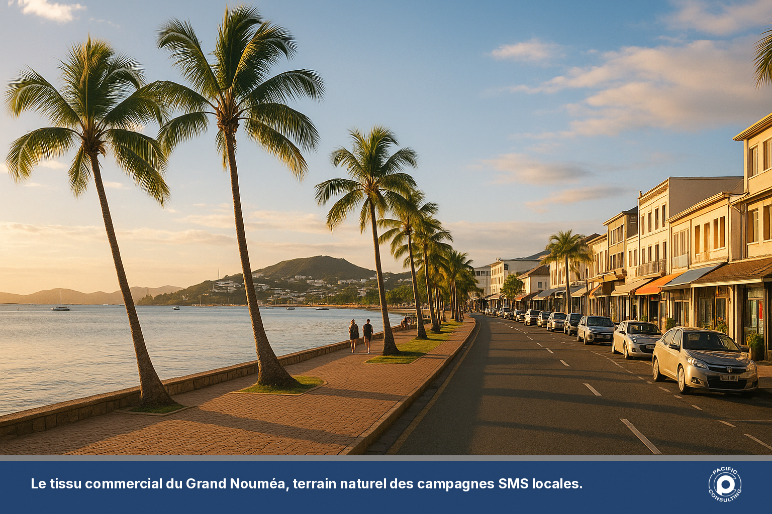 Vue du front de mer et des commerces du centre-ville de Nouméa en fin d'après-midi