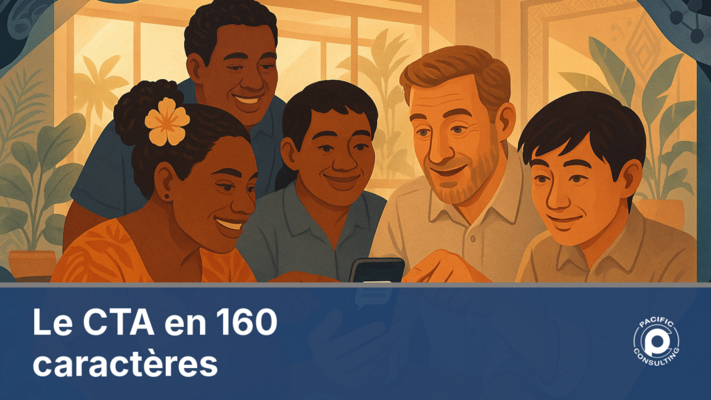Illustration d'une équipe diverse rédigeant un SMS professionnel avec un call to action clair sur un écran de téléphone