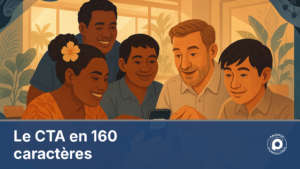 Illustration d'une équipe diverse rédigeant un SMS professionnel avec un call to action clair sur un écran de téléphone