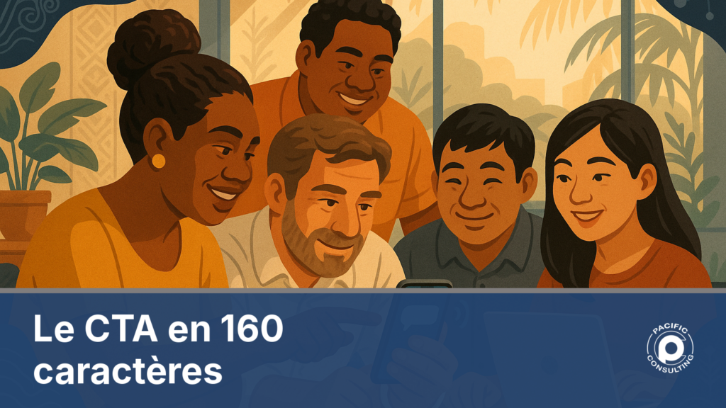 Illustration d'une équipe diverse rédigeant un SMS professionnel avec un call to action clair sur un écran de téléphone