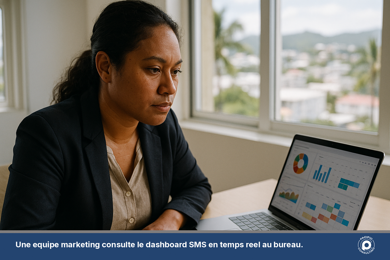 Responsable marketing consultant en direct les statistiques d'une campagne SMS sur un ecran d'ordinateur
