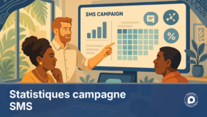 Illustration d'une equipe marketing consultant un tableau de bord de statistiques campagne SMS avec heatmap et calendrier