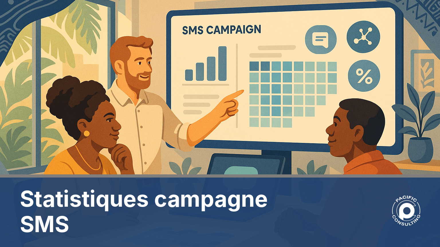 Illustration d'une equipe marketing consultant un tableau de bord de statistiques campagne SMS avec heatmap et calendrier