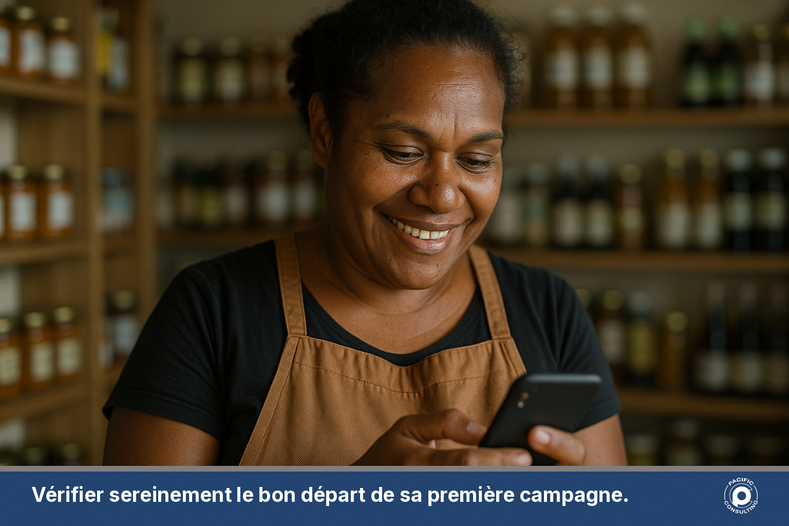 Commerçante calédonienne consultant son téléphone pour vérifier une campagne SMS envoyée