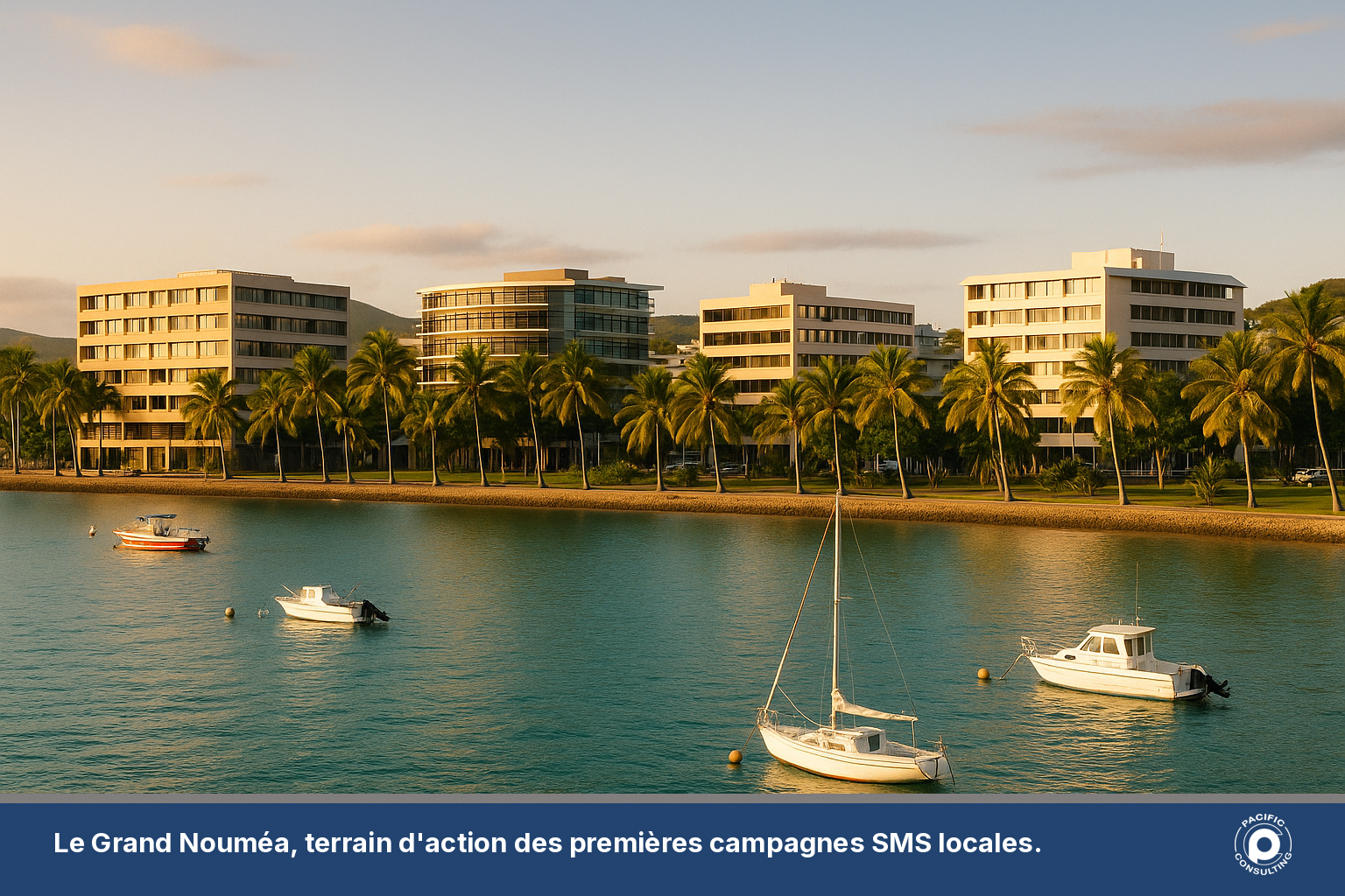 Vue du front de mer de Nouméa avec immeubles de bureaux en fin de journée