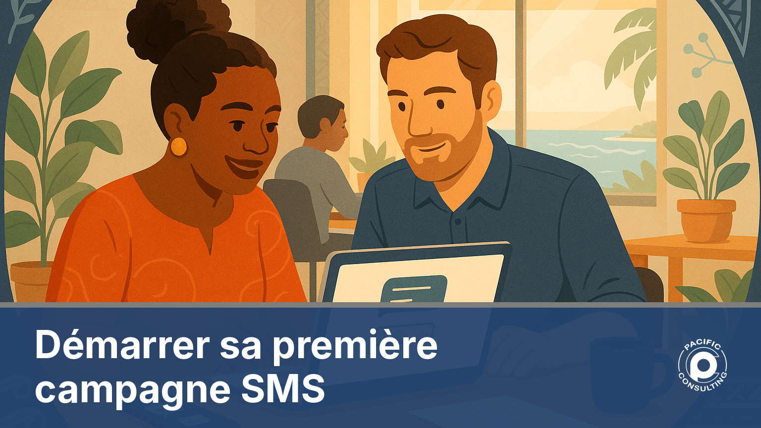 Petite équipe calédonienne préparant sa première campagne SMS sur ordinateur