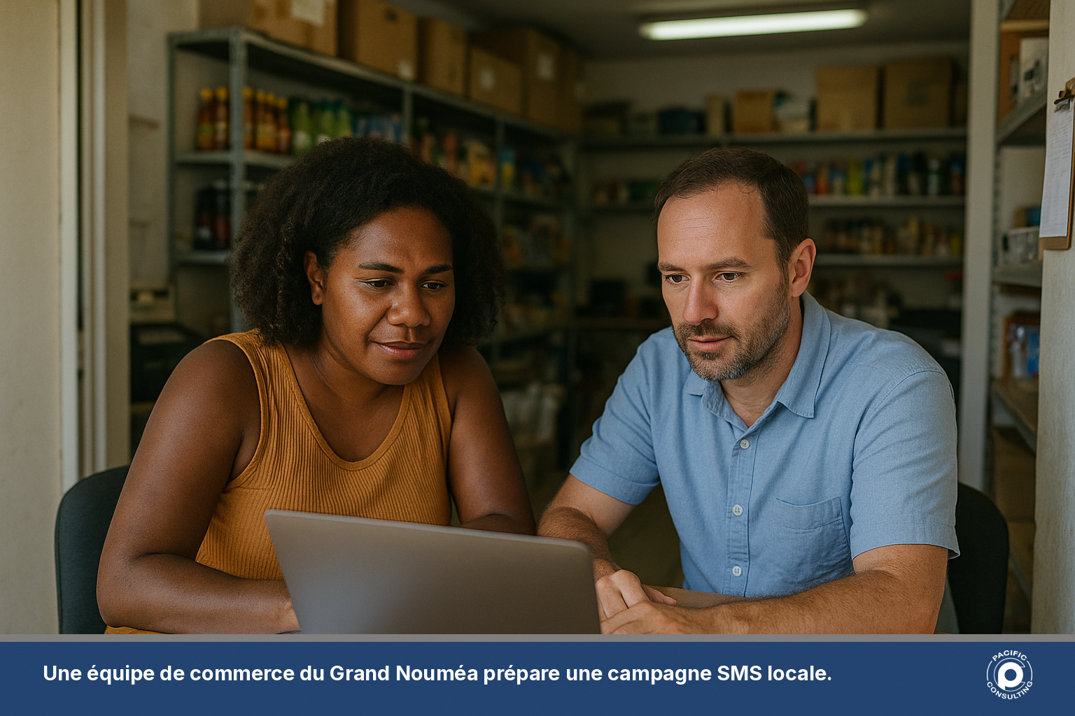 Équipe mixte d'un commerce du Grand Nouméa préparant une campagne SMS sur un ordinateur